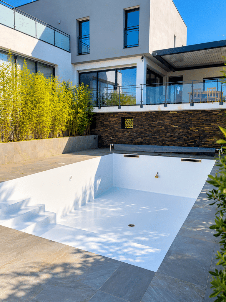 Piscine après rénovation du support et application d'une peinture spécifique